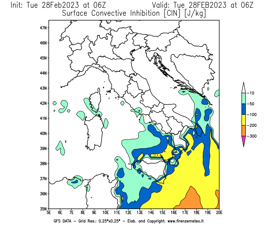 Mappa di analisi GFS - CIN [J/kg] in Italia
							del 28/02/2023 06 <!--googleoff: index-->UTC<!--googleon: index-->