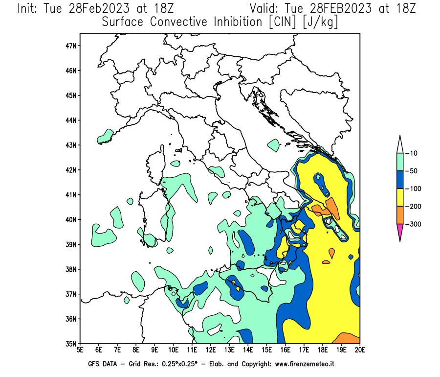Mappa di analisi GFS - CIN [J/kg] in Italia
							del 28/02/2023 18 <!--googleoff: index-->UTC<!--googleon: index-->