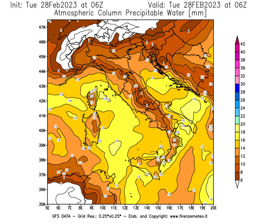 Mappa di analisi GFS - Precipitable Water [mm] in Italia
							del 28/02/2023 06 <!--googleoff: index-->UTC<!--googleon: index-->