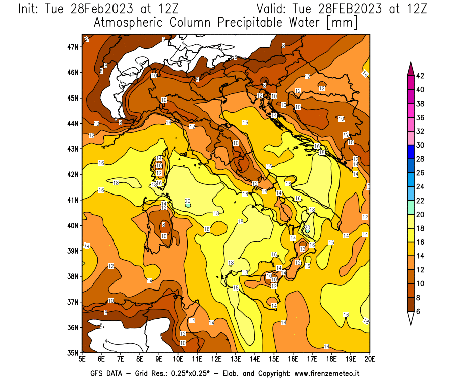 Mappa di analisi GFS - Precipitable Water [mm] in Italia
							del 28/02/2023 12 <!--googleoff: index-->UTC<!--googleon: index-->
