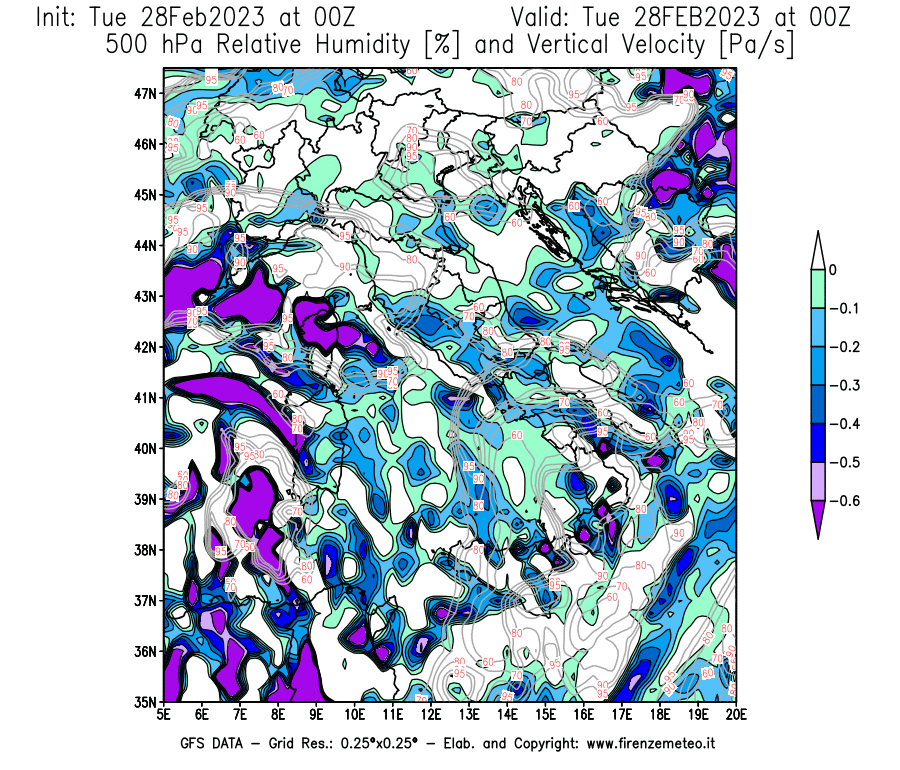 Mappa di analisi GFS - Umidità relativa [%] e Omega [Pa/s] a 500 hPa in Italia
							del 28/02/2023 00 <!--googleoff: index-->UTC<!--googleon: index-->
