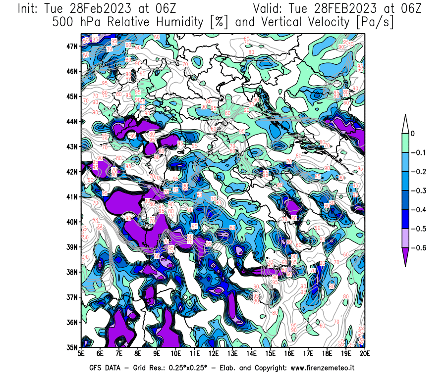 Mappa di analisi GFS - Umidità relativa [%] e Omega [Pa/s] a 500 hPa in Italia
							del 28/02/2023 06 <!--googleoff: index-->UTC<!--googleon: index-->