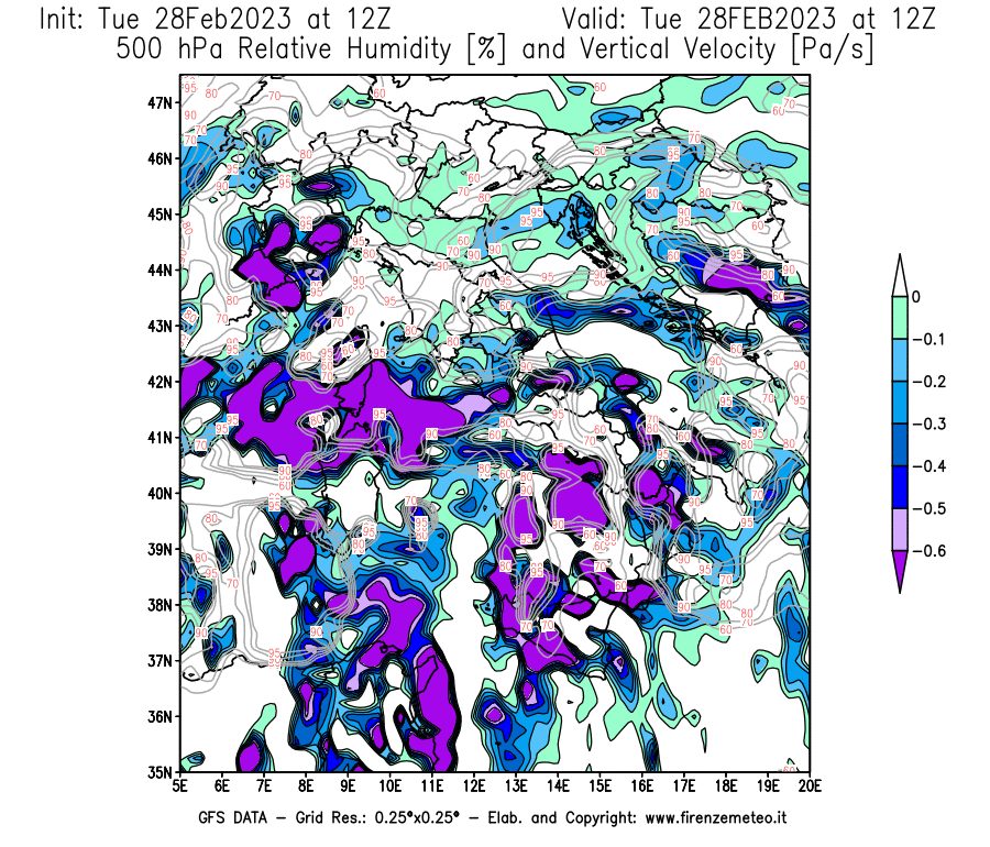 Mappa di analisi GFS - Umidità relativa [%] e Omega [Pa/s] a 500 hPa in Italia
							del 28/02/2023 12 <!--googleoff: index-->UTC<!--googleon: index-->