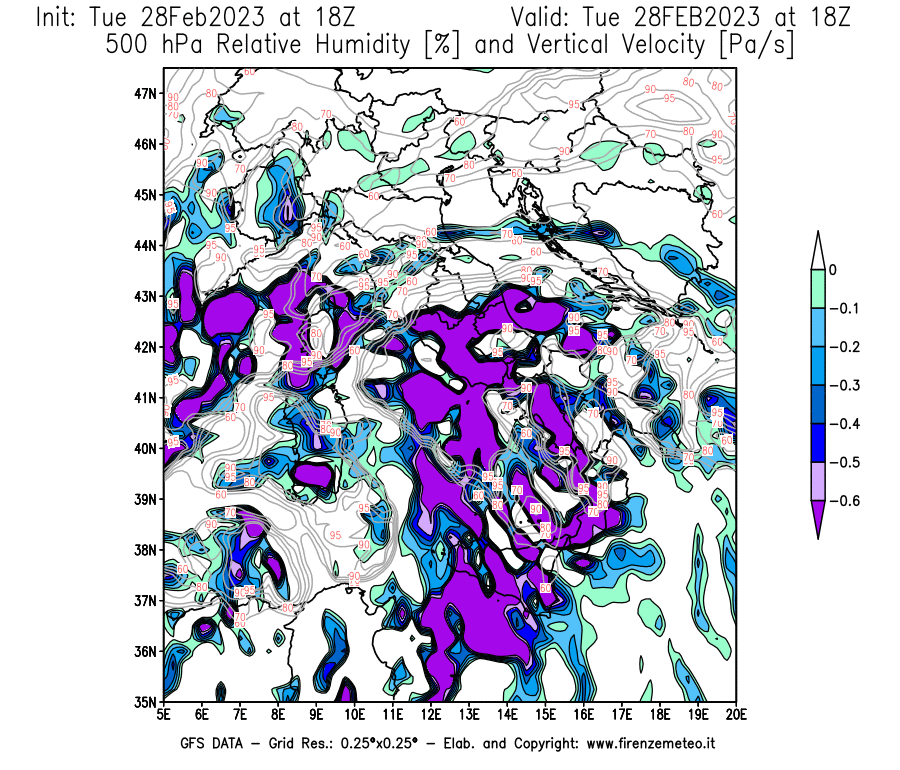 Mappa di analisi GFS - Umidità relativa [%] e Omega [Pa/s] a 500 hPa in Italia
							del 28/02/2023 18 <!--googleoff: index-->UTC<!--googleon: index-->