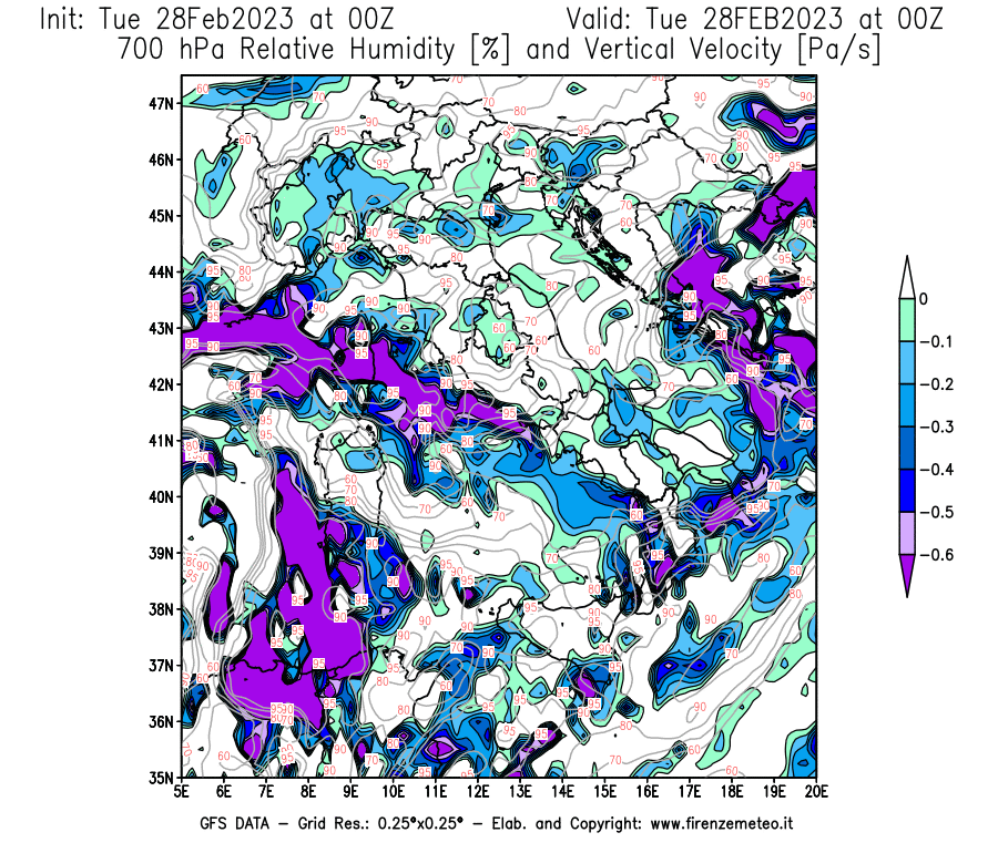 Mappa di analisi GFS - Umidità relativa [%] e Omega [Pa/s] a 700 hPa in Italia
							del 28/02/2023 00 <!--googleoff: index-->UTC<!--googleon: index-->
