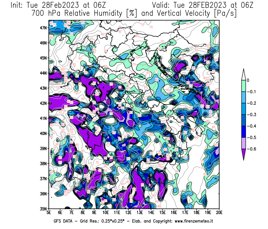 Mappa di analisi GFS - Umidità relativa [%] e Omega [Pa/s] a 700 hPa in Italia
							del 28/02/2023 06 <!--googleoff: index-->UTC<!--googleon: index-->