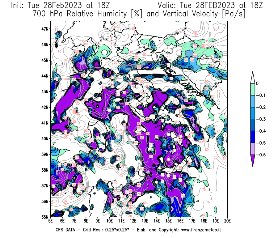 Mappa di analisi GFS - Umidità relativa [%] e Omega [Pa/s] a 700 hPa in Italia
							del 28/02/2023 18 <!--googleoff: index-->UTC<!--googleon: index-->