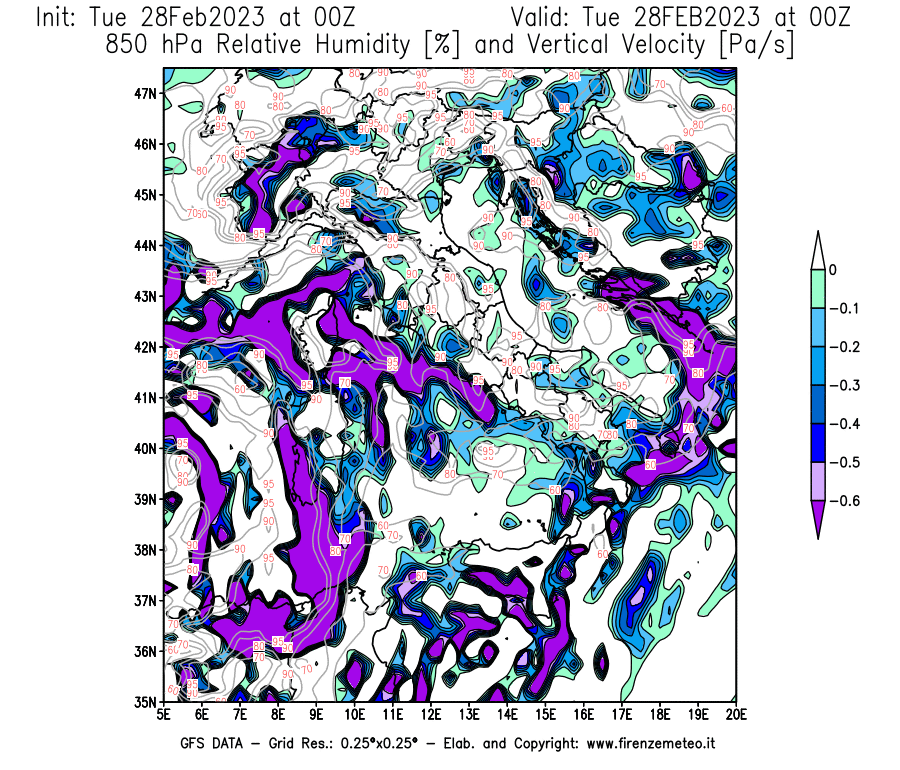 Mappa di analisi GFS - Umidità relativa [%] e Omega [Pa/s] a 850 hPa in Italia
							del 28/02/2023 00 <!--googleoff: index-->UTC<!--googleon: index-->
