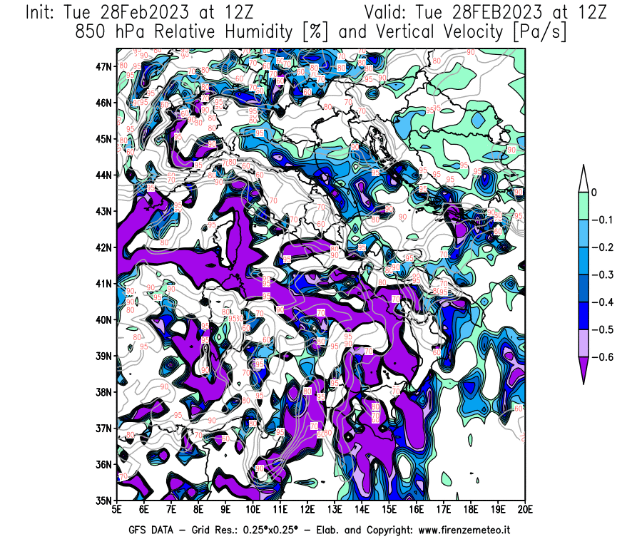 Mappa di analisi GFS - Umidità relativa [%] e Omega [Pa/s] a 850 hPa in Italia
							del 28/02/2023 12 <!--googleoff: index-->UTC<!--googleon: index-->