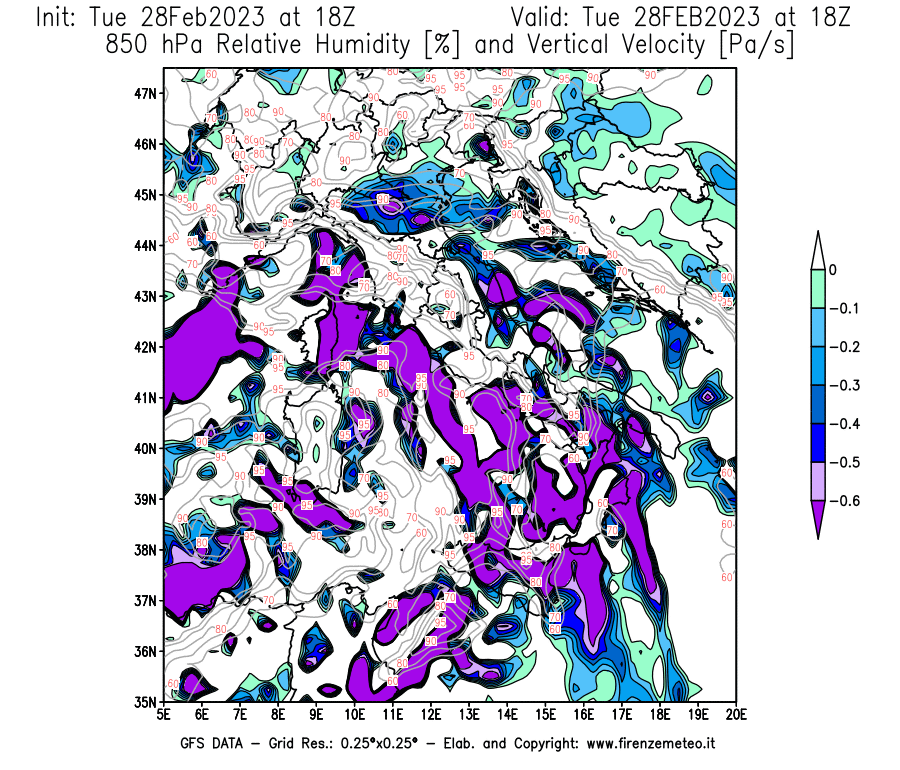 Mappa di analisi GFS - Umidità relativa [%] e Omega [Pa/s] a 850 hPa in Italia
							del 28/02/2023 18 <!--googleoff: index-->UTC<!--googleon: index-->