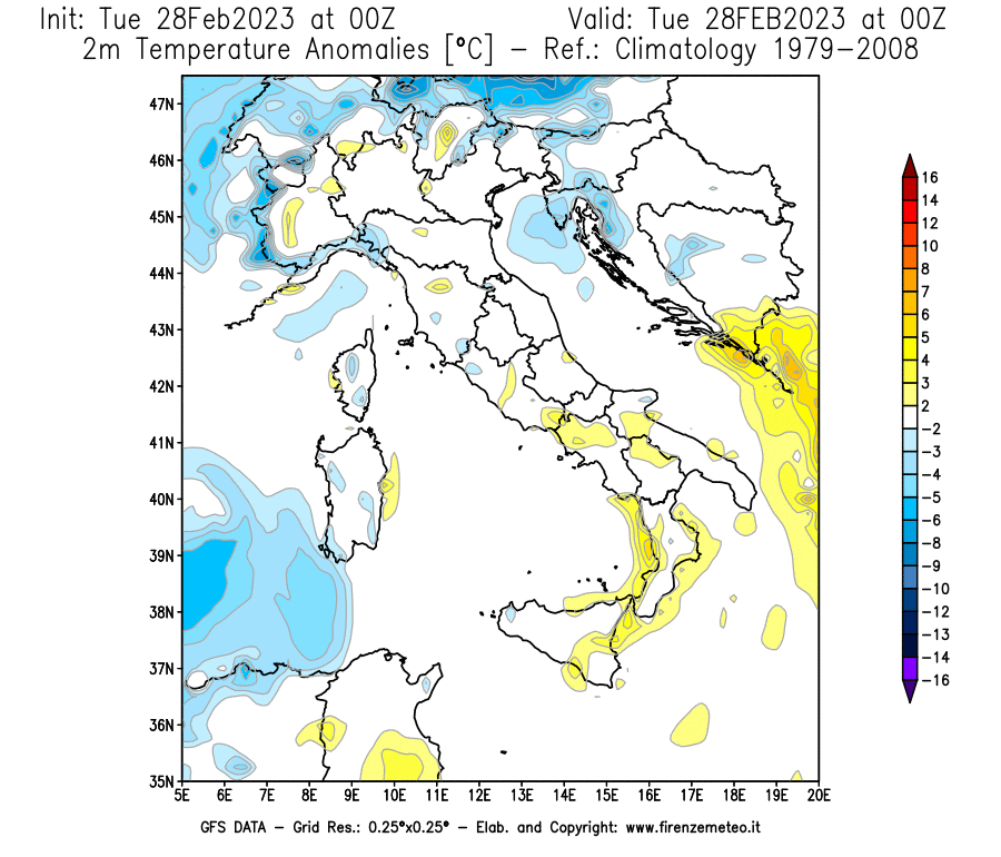 Mappa di analisi GFS - Anomalia Temperatura [°C] a 2 m in Italia
							del 28/02/2023 00 <!--googleoff: index-->UTC<!--googleon: index-->