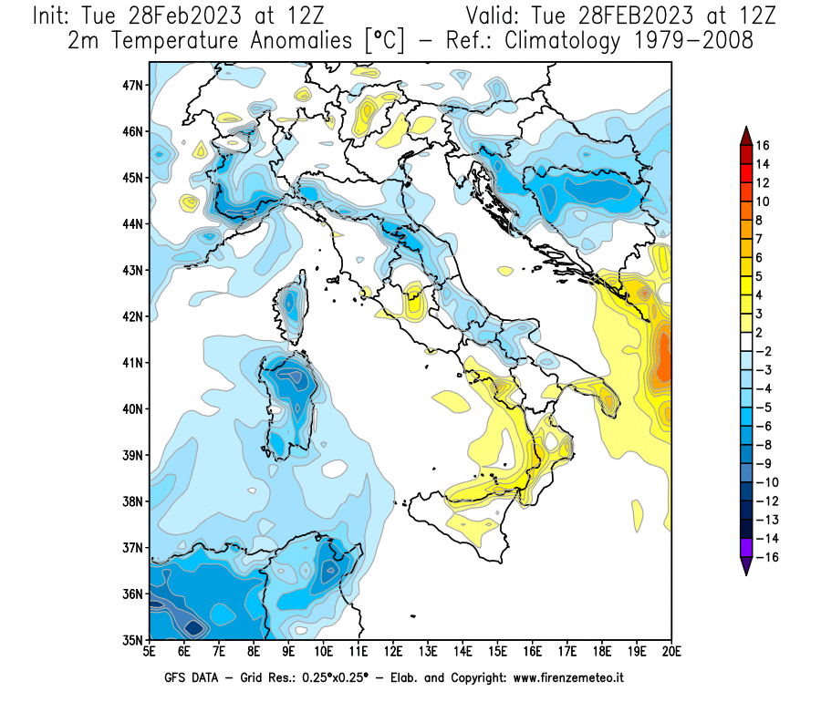 Mappa di analisi GFS - Anomalia Temperatura [°C] a 2 m in Italia
							del 28/02/2023 12 <!--googleoff: index-->UTC<!--googleon: index-->