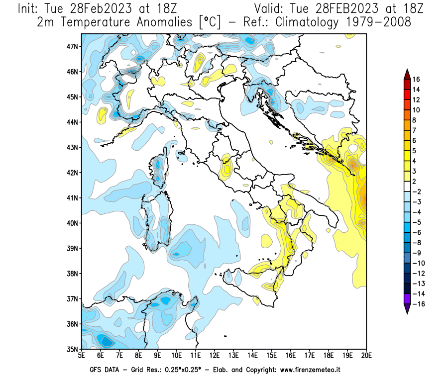 Mappa di analisi GFS - Anomalia Temperatura [°C] a 2 m in Italia
							del 28/02/2023 18 <!--googleoff: index-->UTC<!--googleon: index-->