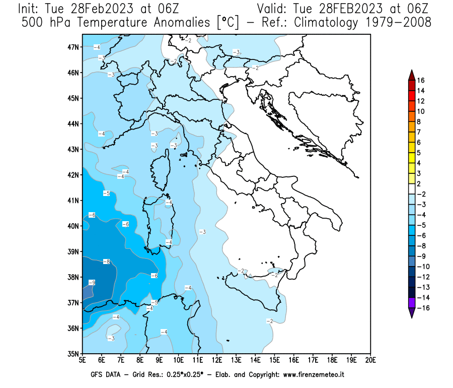 Mappa di analisi GFS - Anomalia Temperatura [°C] a 500 hPa in Italia
							del 28/02/2023 06 <!--googleoff: index-->UTC<!--googleon: index-->