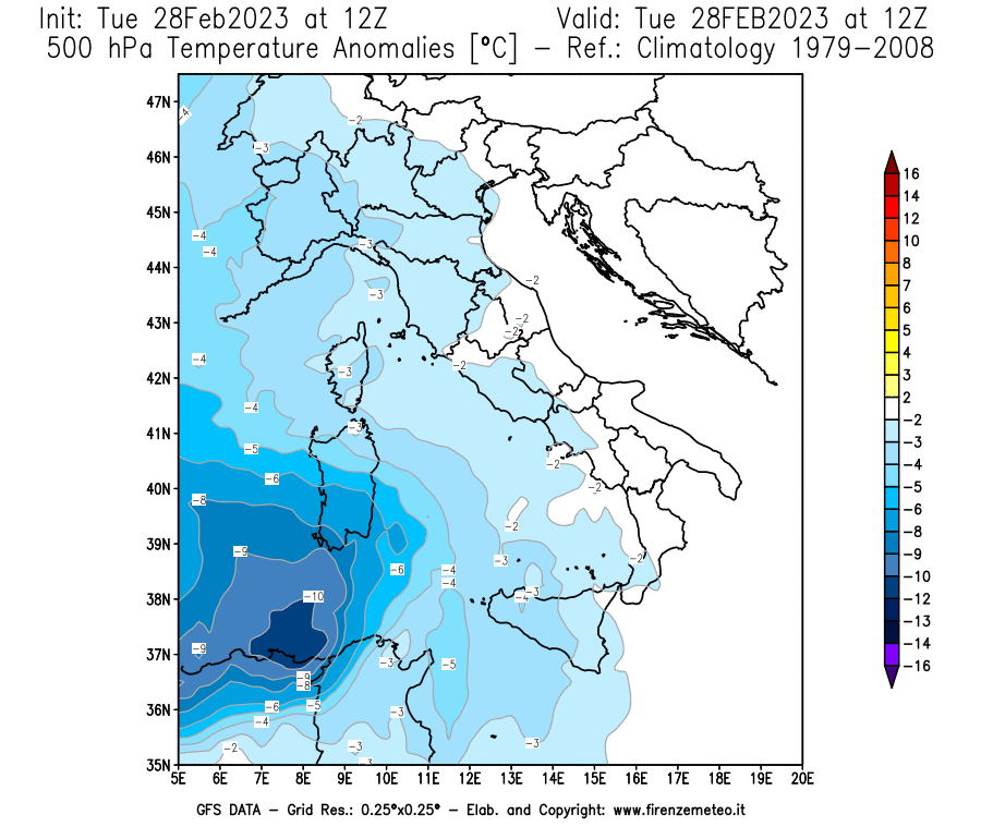 Mappa di analisi GFS - Anomalia Temperatura [°C] a 500 hPa in Italia
							del 28/02/2023 12 <!--googleoff: index-->UTC<!--googleon: index-->