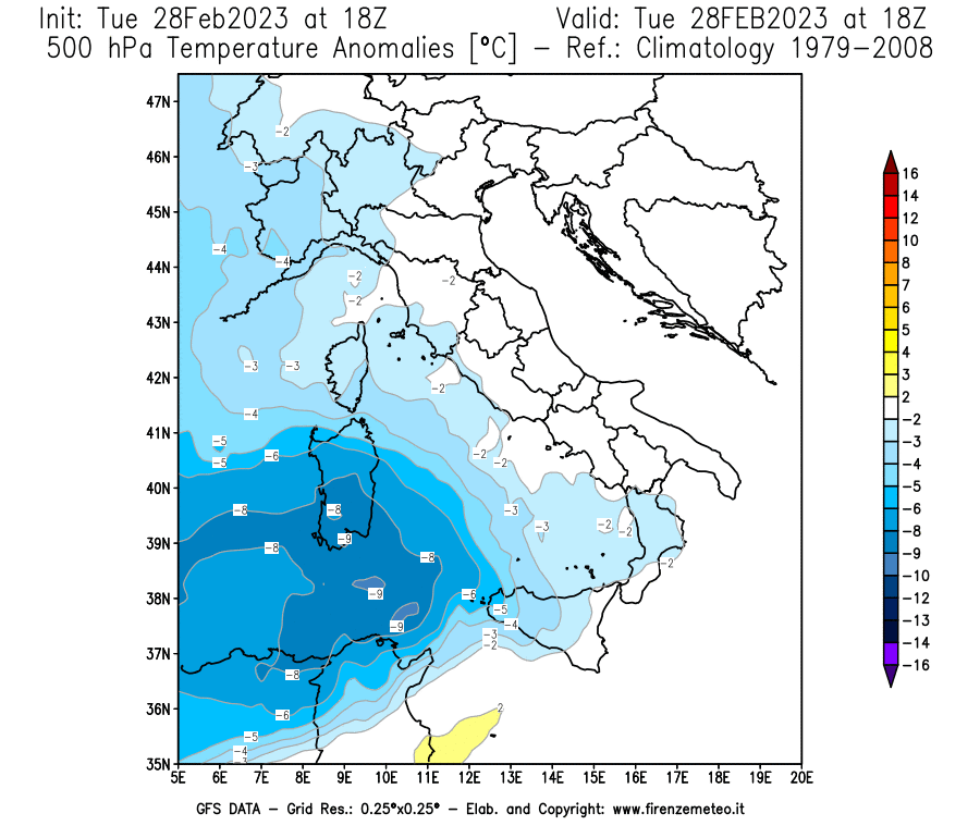 Mappa di analisi GFS - Anomalia Temperatura [°C] a 500 hPa in Italia
							del 28/02/2023 18 <!--googleoff: index-->UTC<!--googleon: index-->
