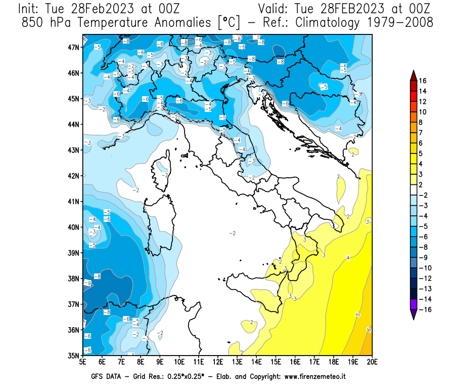 Mappa di analisi GFS - Anomalia Temperatura [°C] a 850 hPa in Italia
							del 28/02/2023 00 <!--googleoff: index-->UTC<!--googleon: index-->