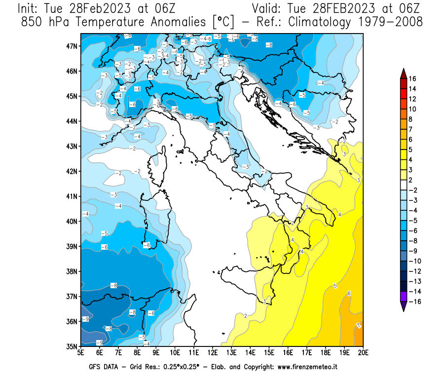 Mappa di analisi GFS - Anomalia Temperatura [°C] a 850 hPa in Italia
							del 28/02/2023 06 <!--googleoff: index-->UTC<!--googleon: index-->