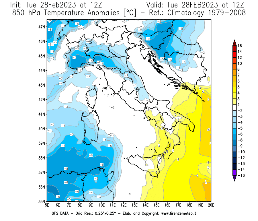 Mappa di analisi GFS - Anomalia Temperatura [°C] a 850 hPa in Italia
							del 28/02/2023 12 <!--googleoff: index-->UTC<!--googleon: index-->