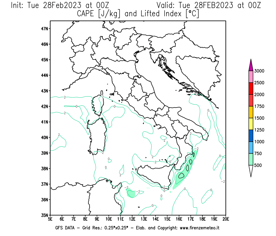 Mappa di analisi GFS - CAPE [J/kg] e Lifted Index [°C] in Italia
							del 28/02/2023 00 <!--googleoff: index-->UTC<!--googleon: index-->