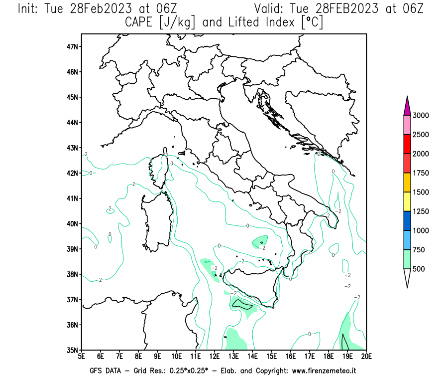 Mappa di analisi GFS - CAPE [J/kg] e Lifted Index [°C] in Italia
							del 28/02/2023 06 <!--googleoff: index-->UTC<!--googleon: index-->