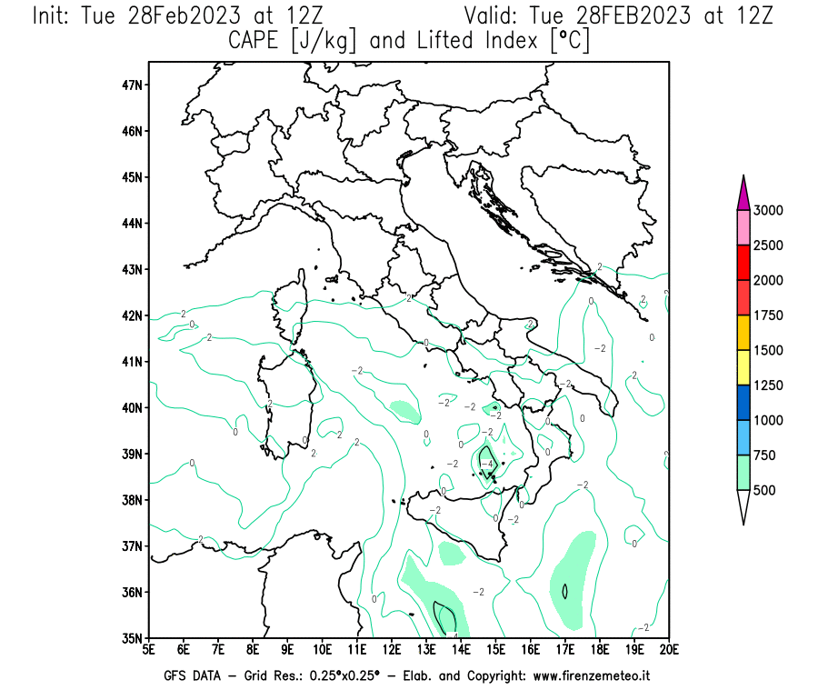 Mappa di analisi GFS - CAPE [J/kg] e Lifted Index [°C] in Italia
							del 28/02/2023 12 <!--googleoff: index-->UTC<!--googleon: index-->