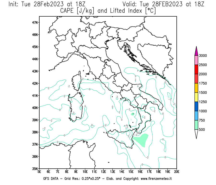 Mappa di analisi GFS - CAPE [J/kg] e Lifted Index [°C] in Italia
							del 28/02/2023 18 <!--googleoff: index-->UTC<!--googleon: index-->