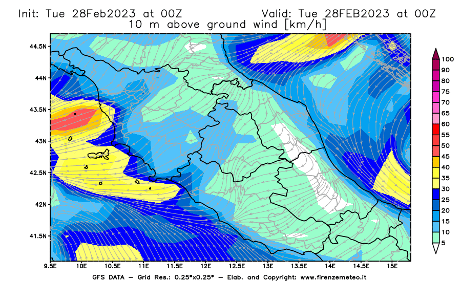 Mappa di analisi GFS - Velocità del vento a 10 metri dal suolo [km/h] in Centro-Italia
							del 28/02/2023 00 <!--googleoff: index-->UTC<!--googleon: index-->