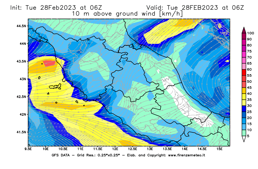 Mappa di analisi GFS - Velocità del vento a 10 metri dal suolo [km/h] in Centro-Italia
							del 28/02/2023 06 <!--googleoff: index-->UTC<!--googleon: index-->