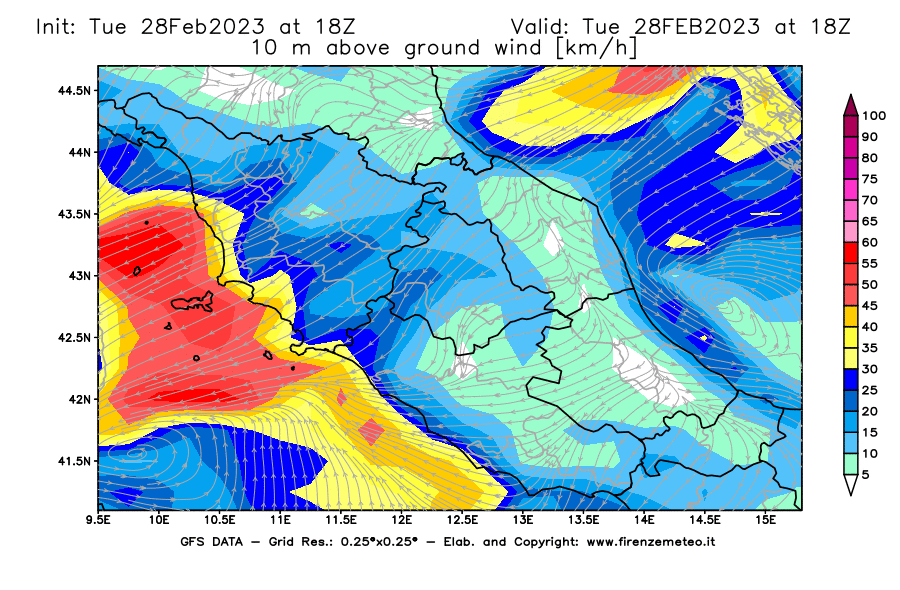 Mappa di analisi GFS - Velocità del vento a 10 metri dal suolo [km/h] in Centro-Italia
							del 28/02/2023 18 <!--googleoff: index-->UTC<!--googleon: index-->