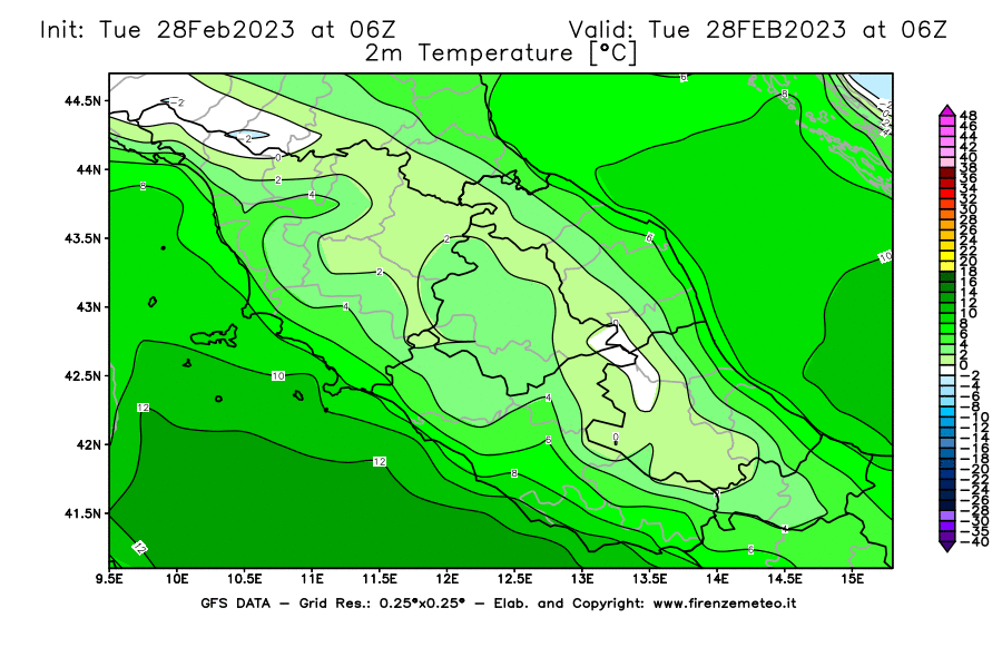 Mappa di analisi GFS - Temperatura a 2 metri dal suolo [°C] in Centro-Italia
							del 28/02/2023 06 <!--googleoff: index-->UTC<!--googleon: index-->