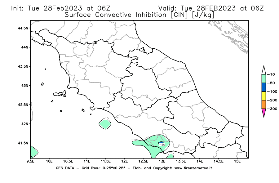 Mappa di analisi GFS - CIN [J/kg] in Centro-Italia
							del 28/02/2023 06 <!--googleoff: index-->UTC<!--googleon: index-->