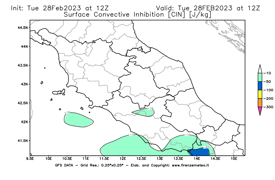 Mappa di analisi GFS - CIN [J/kg] in Centro-Italia
							del 28/02/2023 12 <!--googleoff: index-->UTC<!--googleon: index-->