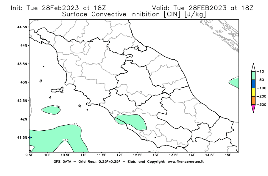 Mappa di analisi GFS - CIN [J/kg] in Centro-Italia
							del 28/02/2023 18 <!--googleoff: index-->UTC<!--googleon: index-->