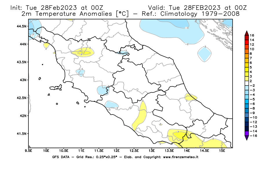 Mappa di analisi GFS - Anomalia Temperatura [°C] a 2 m in Centro-Italia
							del 28/02/2023 00 <!--googleoff: index-->UTC<!--googleon: index-->
