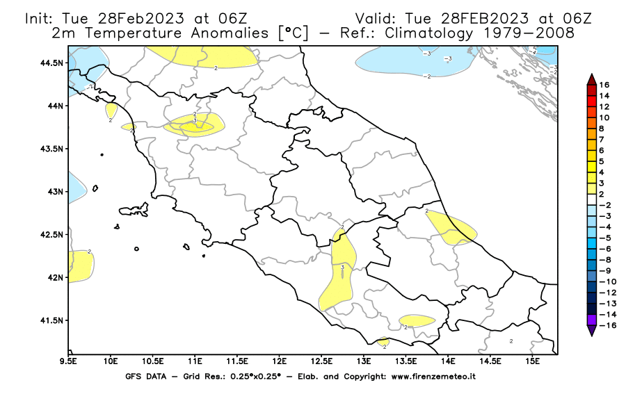Mappa di analisi GFS - Anomalia Temperatura [°C] a 2 m in Centro-Italia
							del 28/02/2023 06 <!--googleoff: index-->UTC<!--googleon: index-->