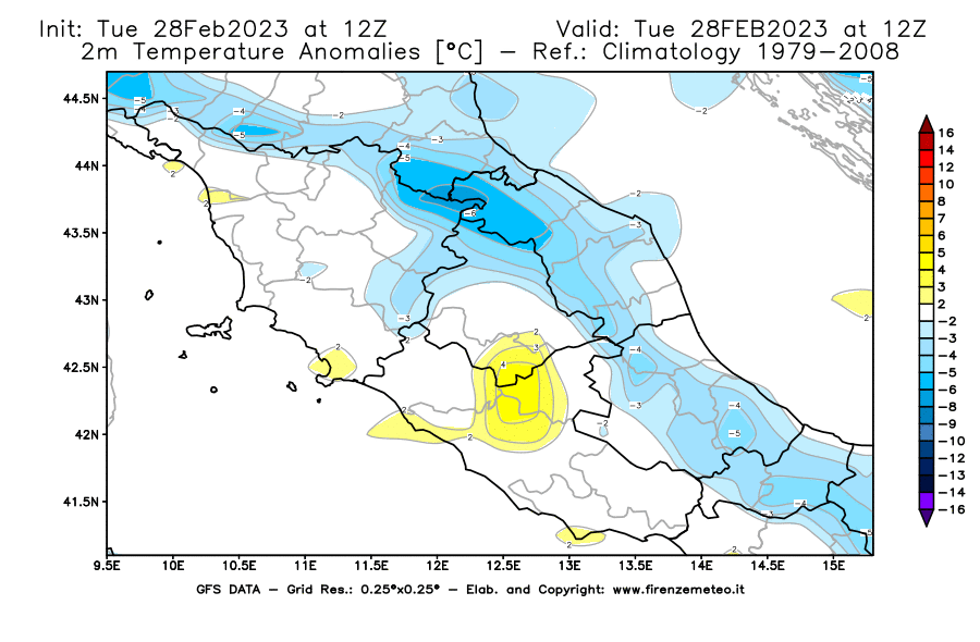 Mappa di analisi GFS - Anomalia Temperatura [°C] a 2 m in Centro-Italia
							del 28/02/2023 12 <!--googleoff: index-->UTC<!--googleon: index-->