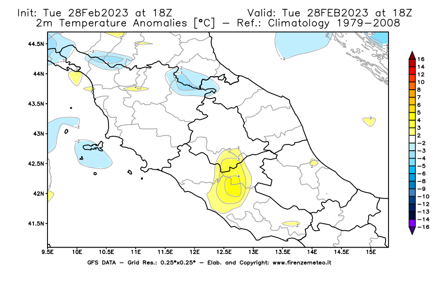 Mappa di analisi GFS - Anomalia Temperatura [°C] a 2 m in Centro-Italia
							del 28/02/2023 18 <!--googleoff: index-->UTC<!--googleon: index-->