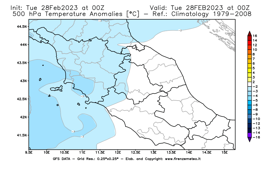 Mappa di analisi GFS - Anomalia Temperatura [°C] a 500 hPa in Centro-Italia
							del 28/02/2023 00 <!--googleoff: index-->UTC<!--googleon: index-->