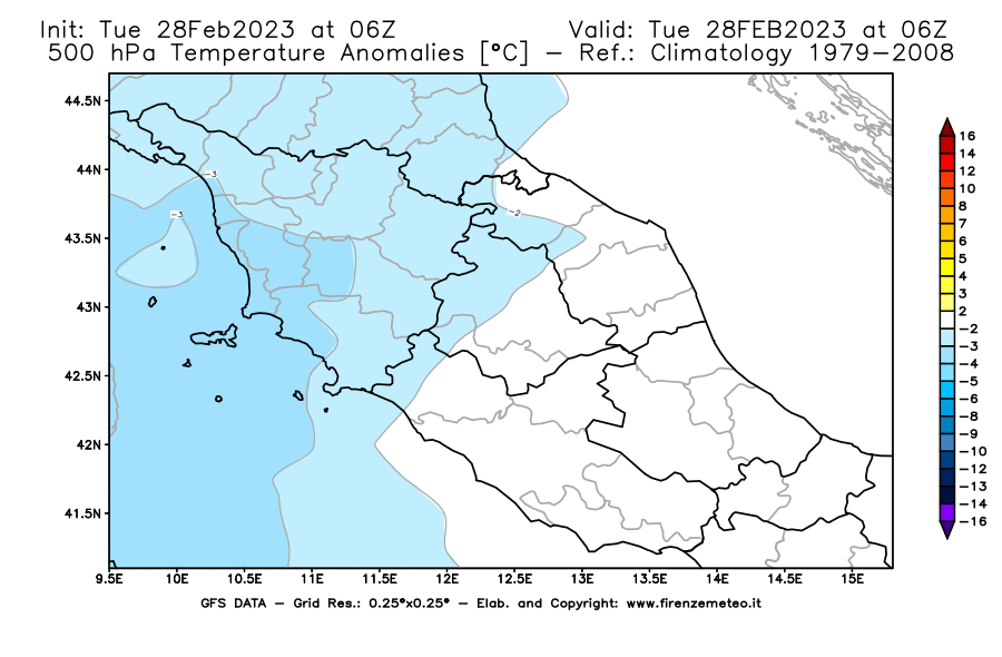 Mappa di analisi GFS - Anomalia Temperatura [°C] a 500 hPa in Centro-Italia
							del 28/02/2023 06 <!--googleoff: index-->UTC<!--googleon: index-->