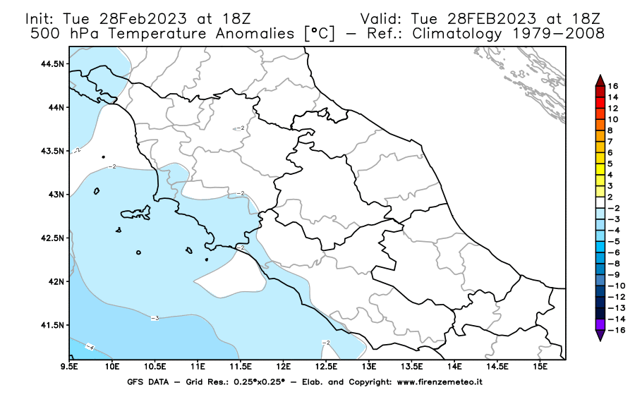 Mappa di analisi GFS - Anomalia Temperatura [°C] a 500 hPa in Centro-Italia
							del 28/02/2023 18 <!--googleoff: index-->UTC<!--googleon: index-->