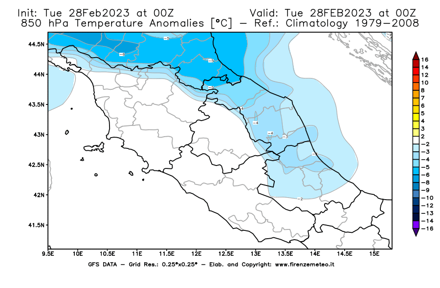 Mappa di analisi GFS - Anomalia Temperatura [°C] a 850 hPa in Centro-Italia
							del 28/02/2023 00 <!--googleoff: index-->UTC<!--googleon: index-->
