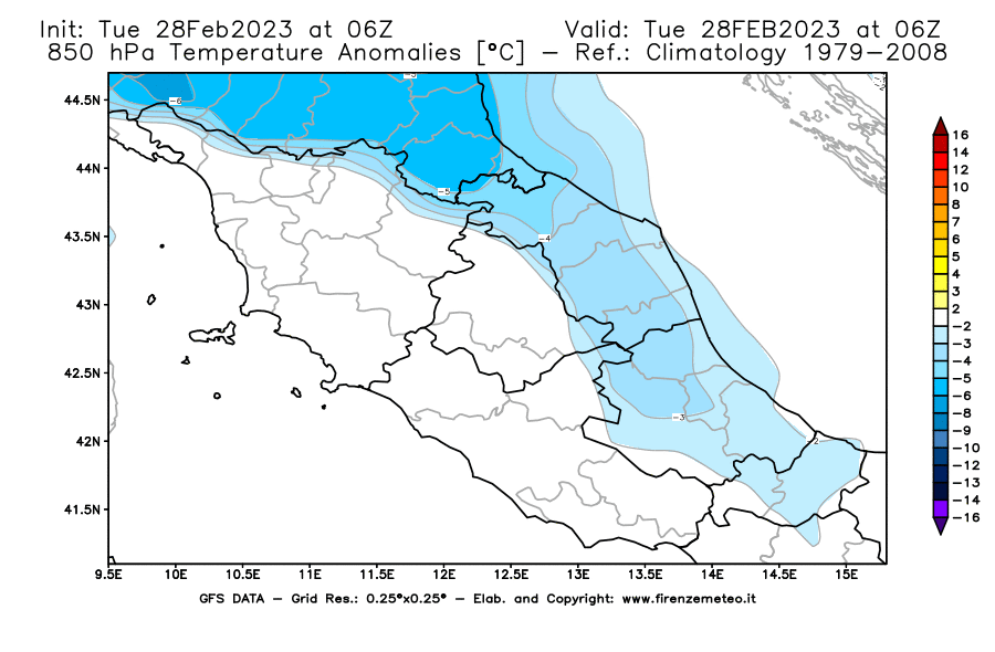 Mappa di analisi GFS - Anomalia Temperatura [°C] a 850 hPa in Centro-Italia
							del 28/02/2023 06 <!--googleoff: index-->UTC<!--googleon: index-->