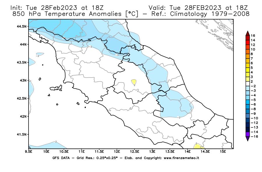 Mappa di analisi GFS - Anomalia Temperatura [°C] a 850 hPa in Centro-Italia
							del 28/02/2023 18 <!--googleoff: index-->UTC<!--googleon: index-->