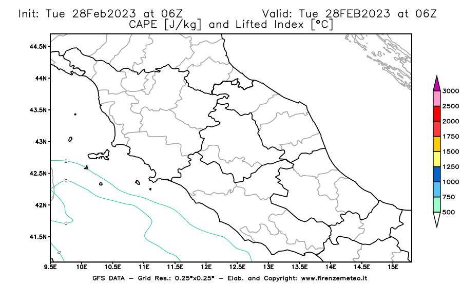 Mappa di analisi GFS - CAPE [J/kg] e Lifted Index [°C] in Centro-Italia
							del 28/02/2023 06 <!--googleoff: index-->UTC<!--googleon: index-->