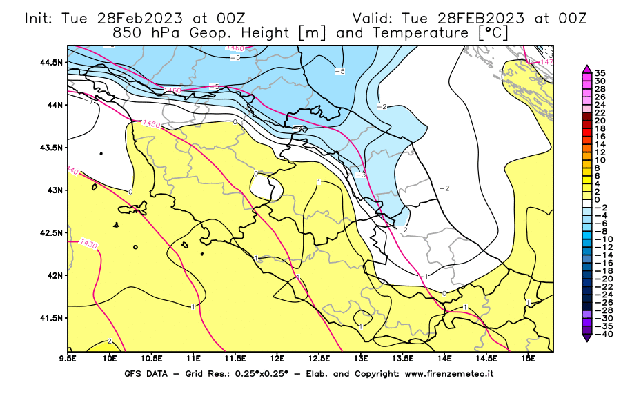 Mappa di analisi GFS - Geopotenziale [m] e Temperatura [°C] a 850 hPa in Centro-Italia
							del 28/02/2023 00 <!--googleoff: index-->UTC<!--googleon: index-->