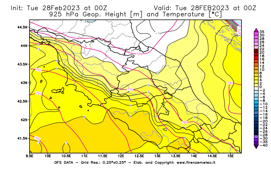 Mappa di analisi GFS - Geopotenziale [m] e Temperatura [°C] a 925 hPa in Centro-Italia
							del 28/02/2023 00 <!--googleoff: index-->UTC<!--googleon: index-->