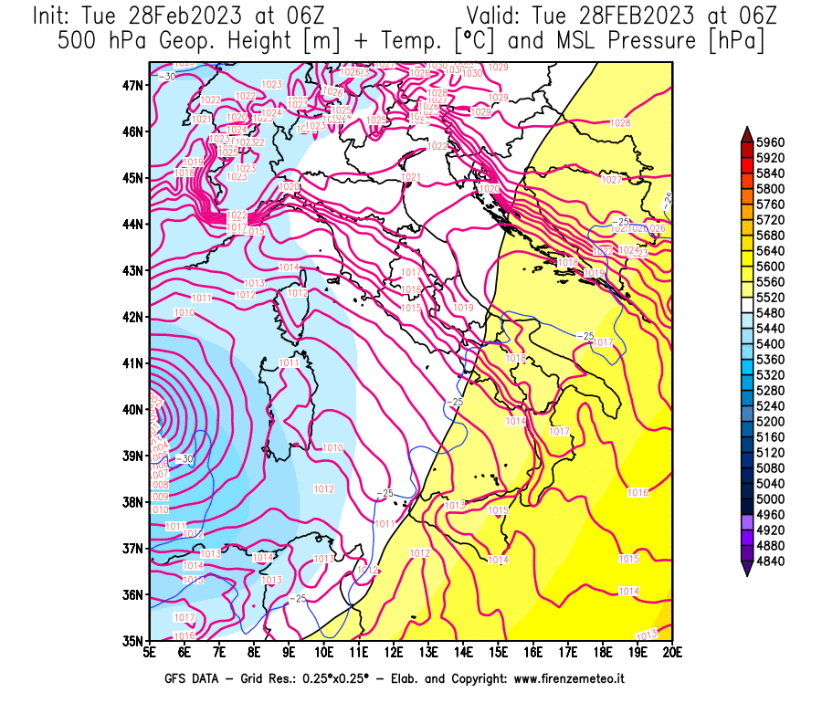 Mappa di analisi GFS - Geopotenziale [m] + Temp. [°C] a 500 hPa + Press. a livello del mare [hPa] in Italia
							del 28/02/2023 06 <!--googleoff: index-->UTC<!--googleon: index-->