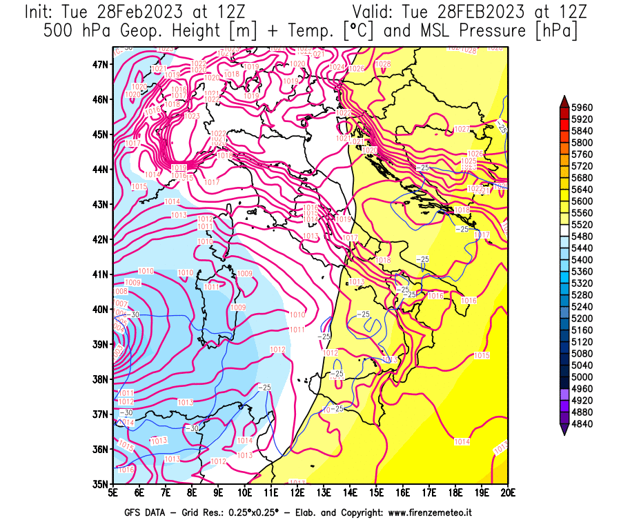Mappa di analisi GFS - Geopotenziale [m] + Temp. [°C] a 500 hPa + Press. a livello del mare [hPa] in Italia
							del 28/02/2023 12 <!--googleoff: index-->UTC<!--googleon: index-->