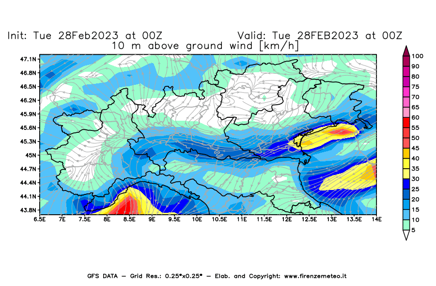 Mappa di analisi GFS - Velocità del vento a 10 metri dal suolo [km/h] in Nord-Italia
							del 28/02/2023 00 <!--googleoff: index-->UTC<!--googleon: index-->